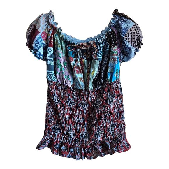 GYPSY ROSE Women M Top Smocked Patchwork Hippie Milkmaid Boho Festival Bust 36" - Picture 1 of 8
